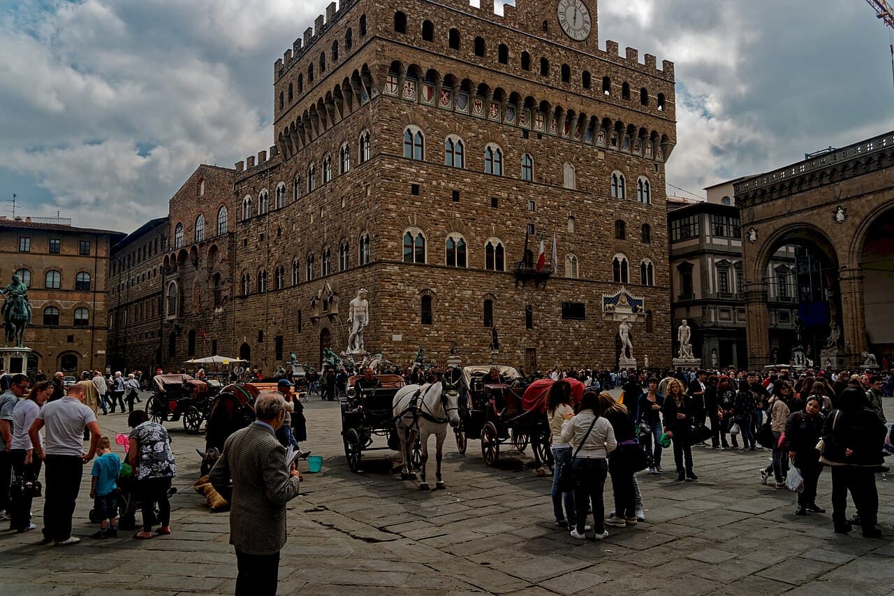 Palazzo Vecchio and the Loggia dei Lanzi on Piazza della Signoria, Florence
