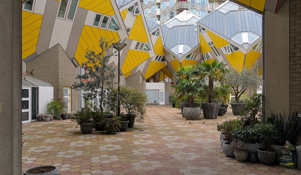 The tilted yellow Cube Houses of Rotterdam