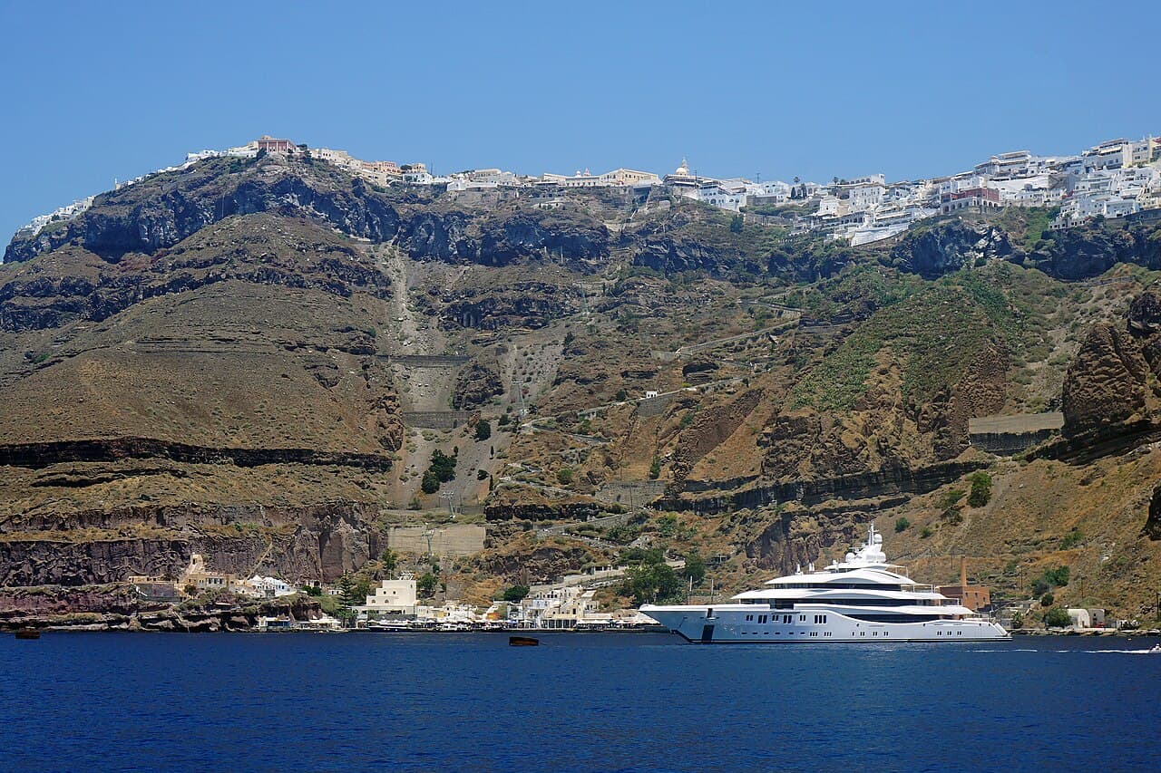 The Fira cable car down the caldera cliff, Santorini