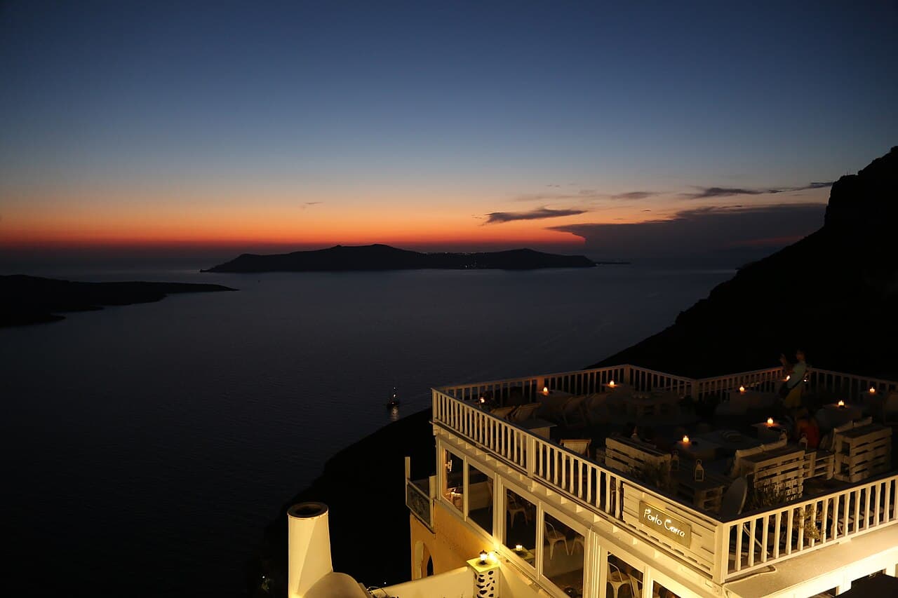 Caldera-edge bars in Fira at night, Santorini