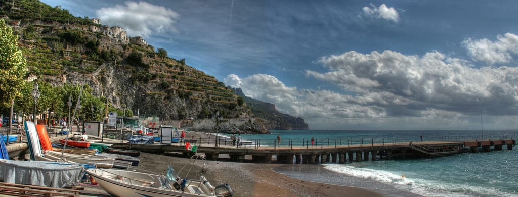 The beach and seafront of the town of Minori on the Amalfi Coast