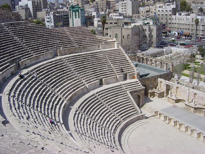 The restored Roman theatre in downtown Amman, its stone tiers cut into the hillside