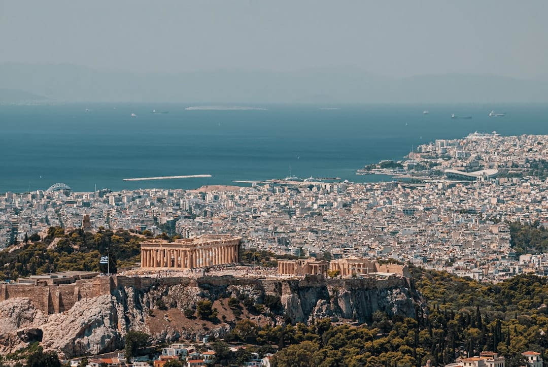 The Acropolis seen face-on from the pine trees of Filopappou Hill