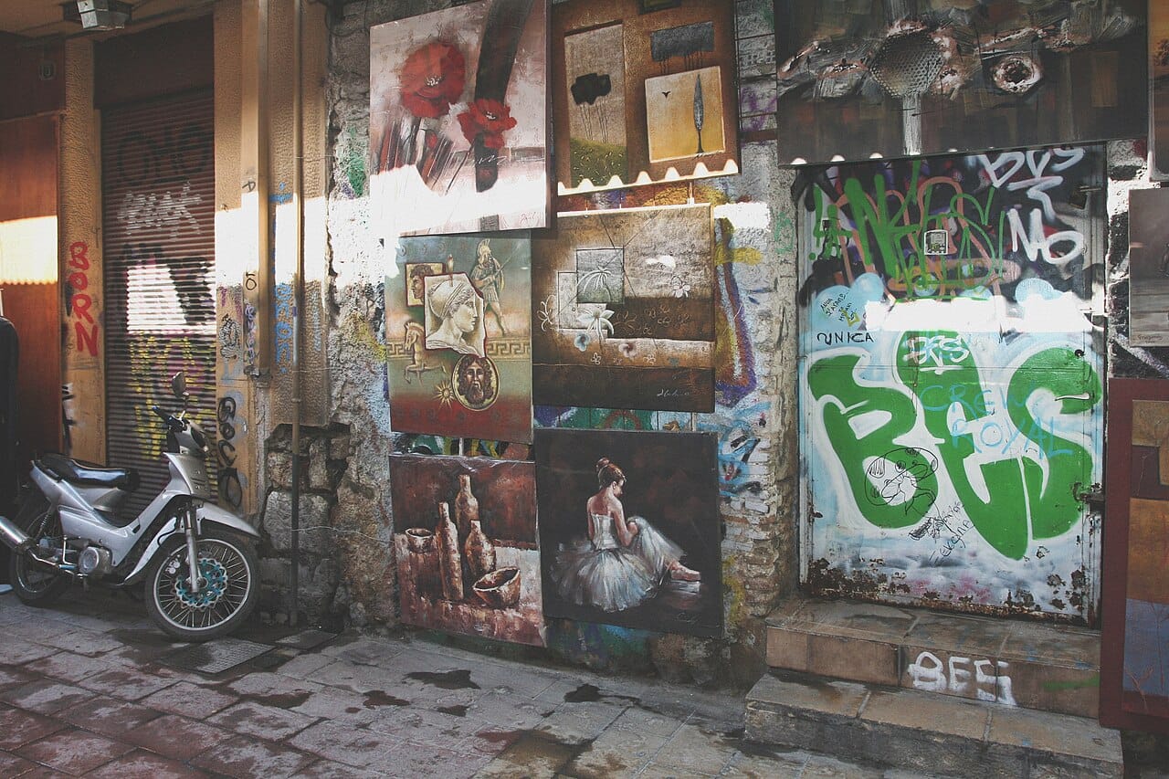 Stalls of antiques and bric-a-brac crowding the square at Monastiraki flea market