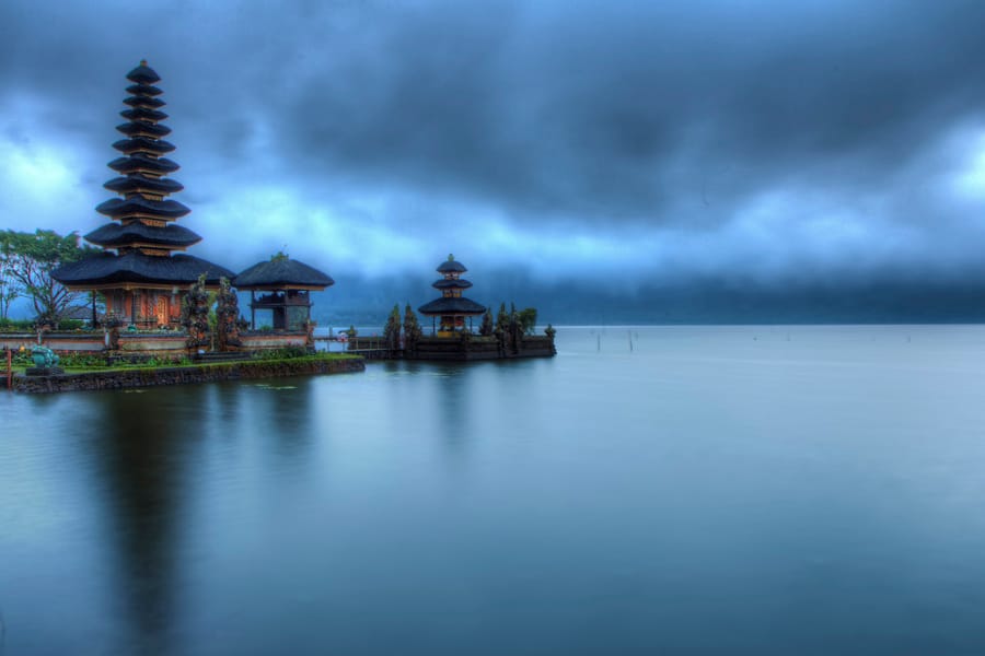 The Ulun Danu Beratan lake temple reflected in the water in the Bali highlands