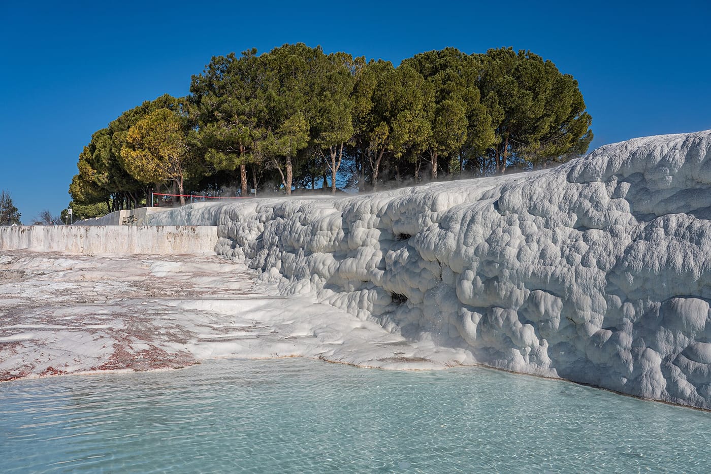 The white travertine terraces of Pamukkale in Turkey