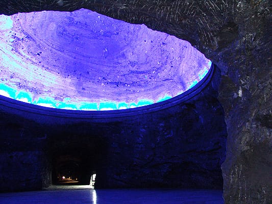 The blue-lit underground Salt Cathedral of Zipaquirá near Bogotá
