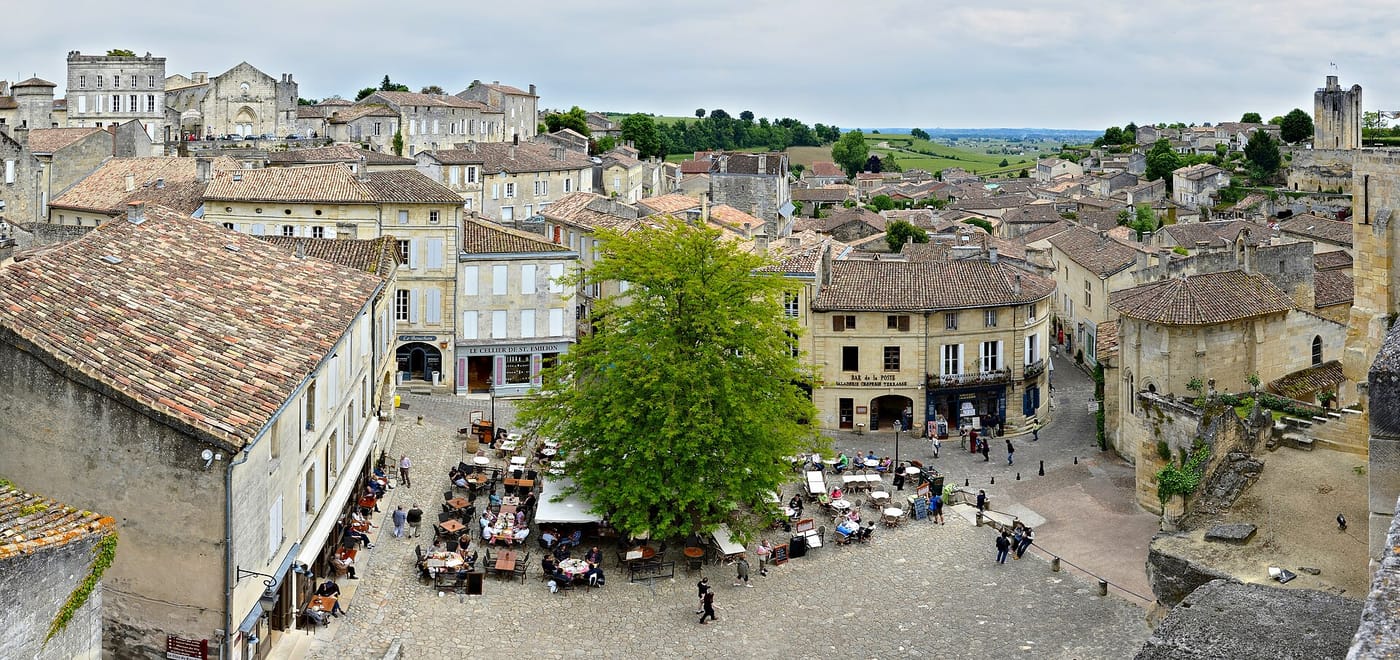 The square and vineyards of the wine town of Saint-Émilion near Bordeaux
