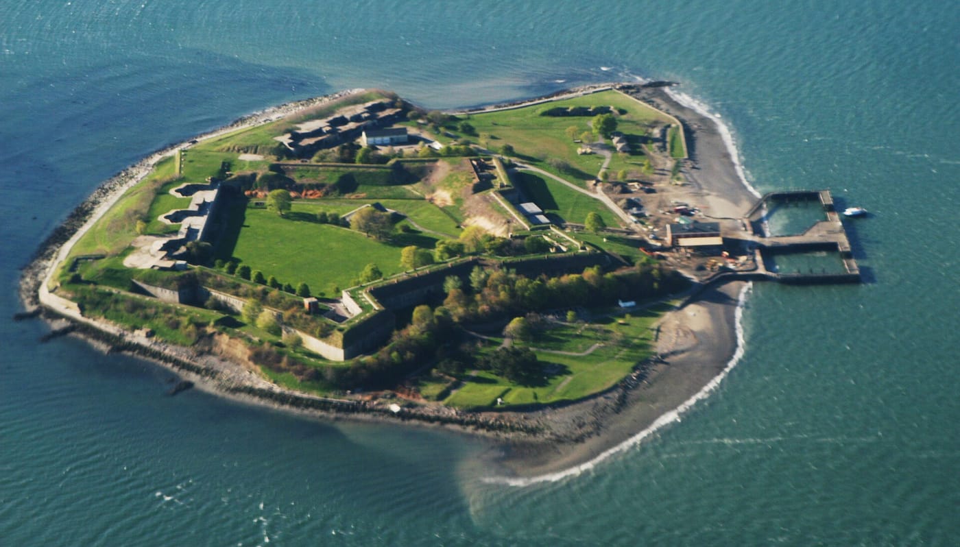 An aerial view of a fort island in the Boston Harbor Islands