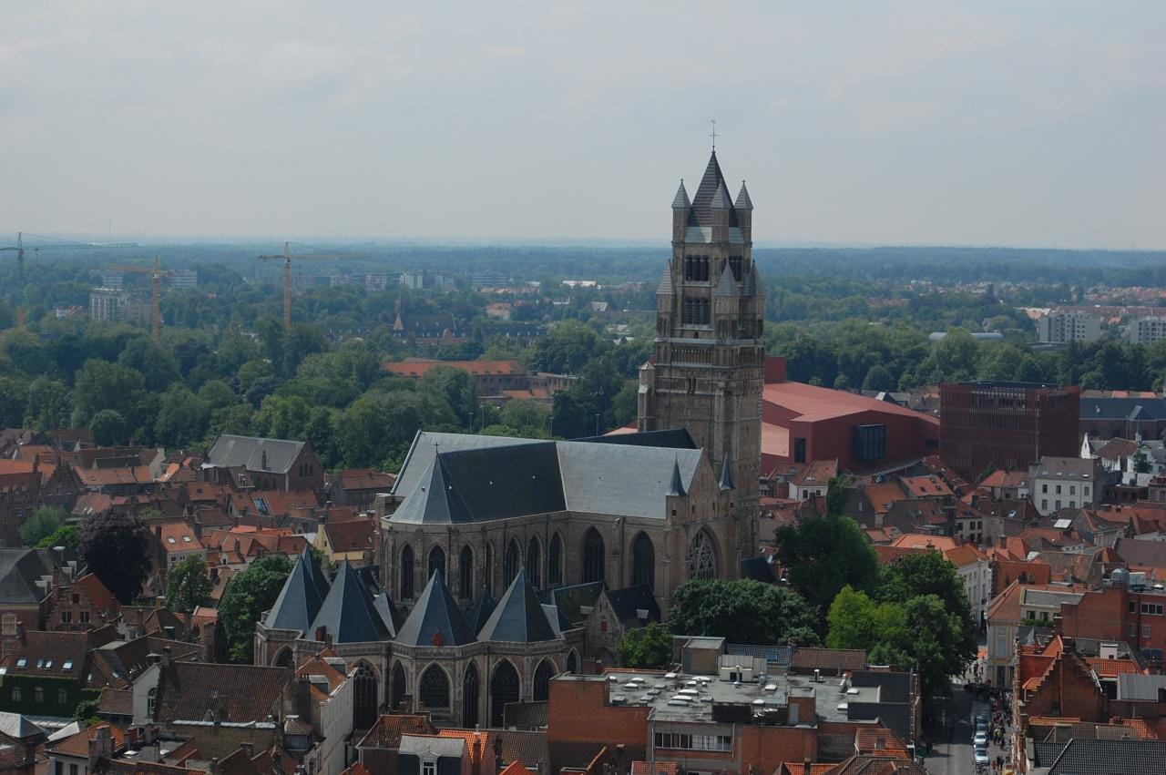 The brick tower of Sint-Salvator Cathedral over Bruges