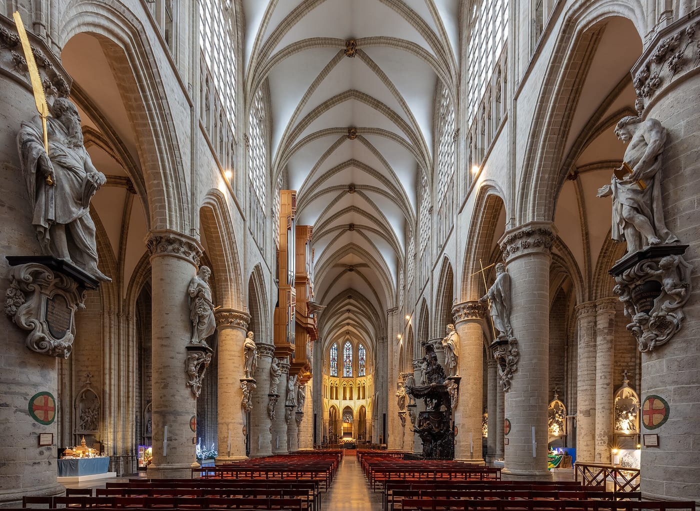 The Gothic interior of the Cathedral of St Michael and St Gudula in Brussels