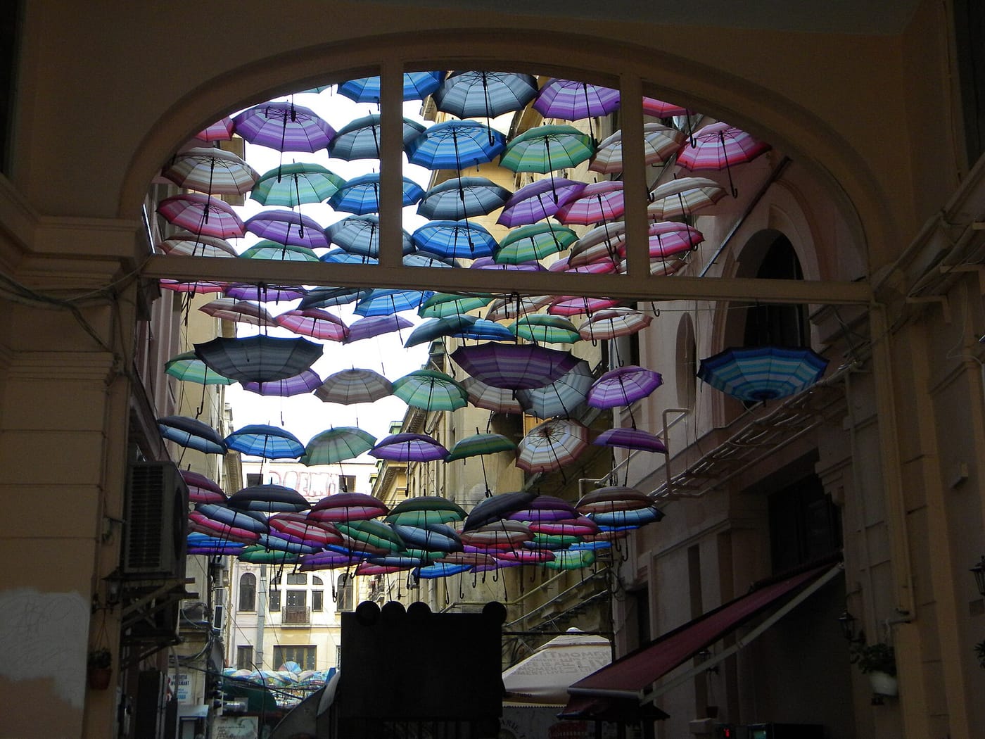 A colourful canopy over the Pasajul Victoria passage in Bucharest