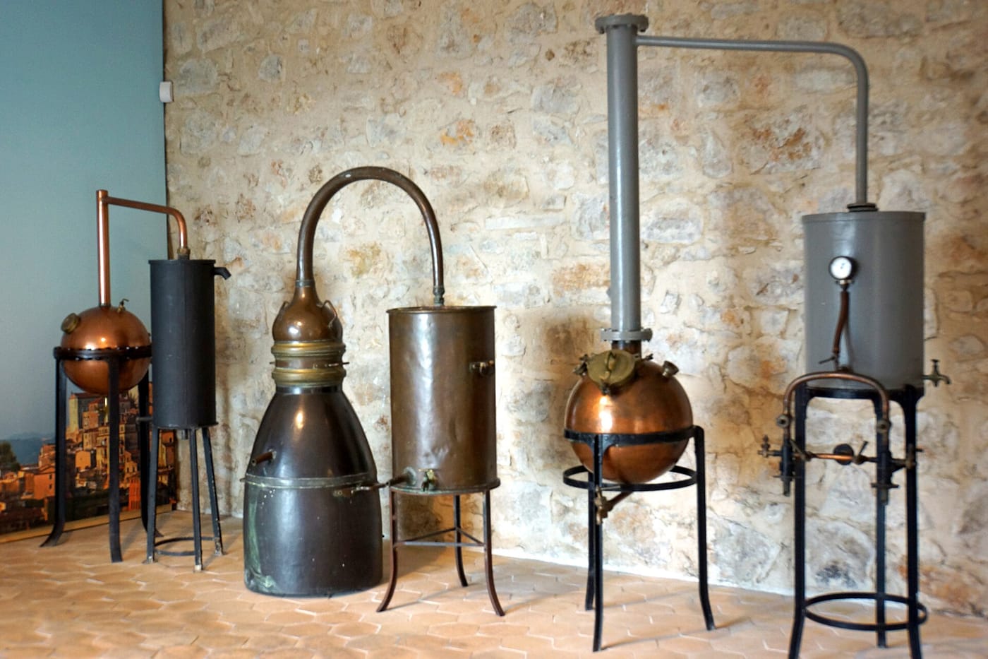 Copper perfume stills in a distillery in Grasse near Cannes