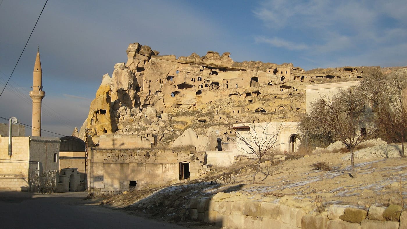 The honeycombed cliff village of Çavuşin in Cappadocia