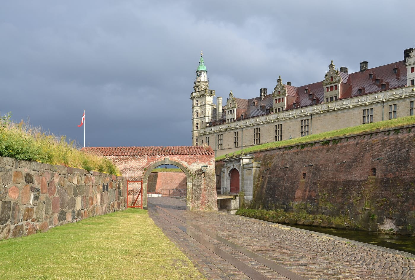The moat and ramparts of Kronborg Castle in Denmark