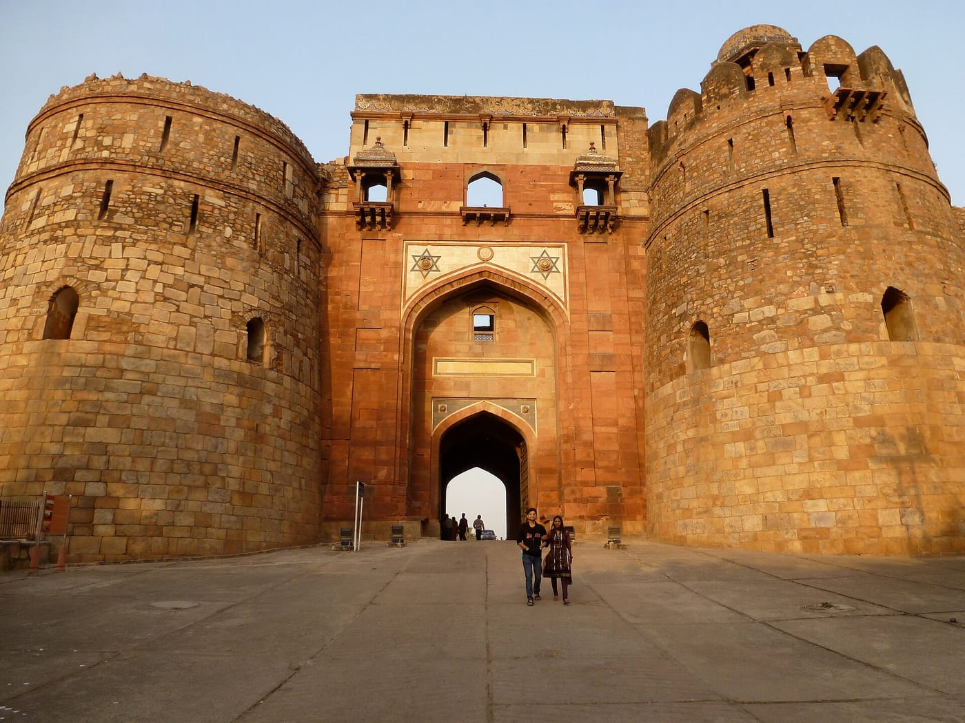 The massive red gate of the Purana Qila (Old Fort) in Delhi
