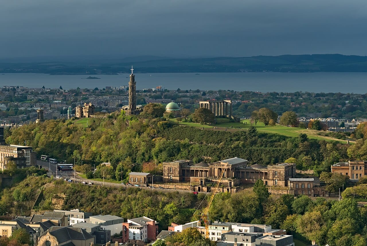 Monuments on Calton Hill with Edinburgh behind