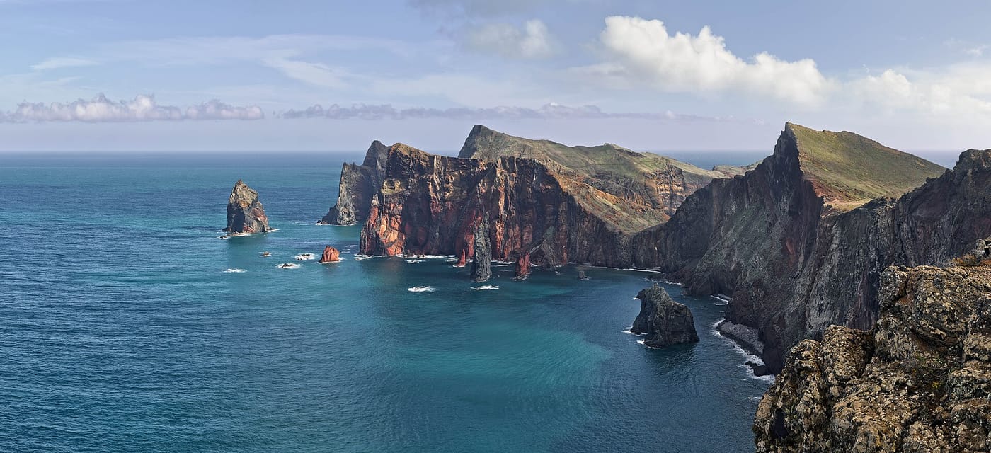 The red volcanic cliffs of the Ponta de São Lourenço peninsula in Madeira