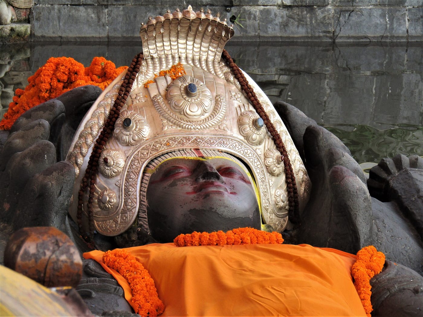 The reclining stone Vishnu of Budhanilkantha near Kathmandu