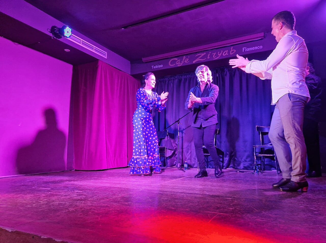 A flamenco dancer performing in a small tablao