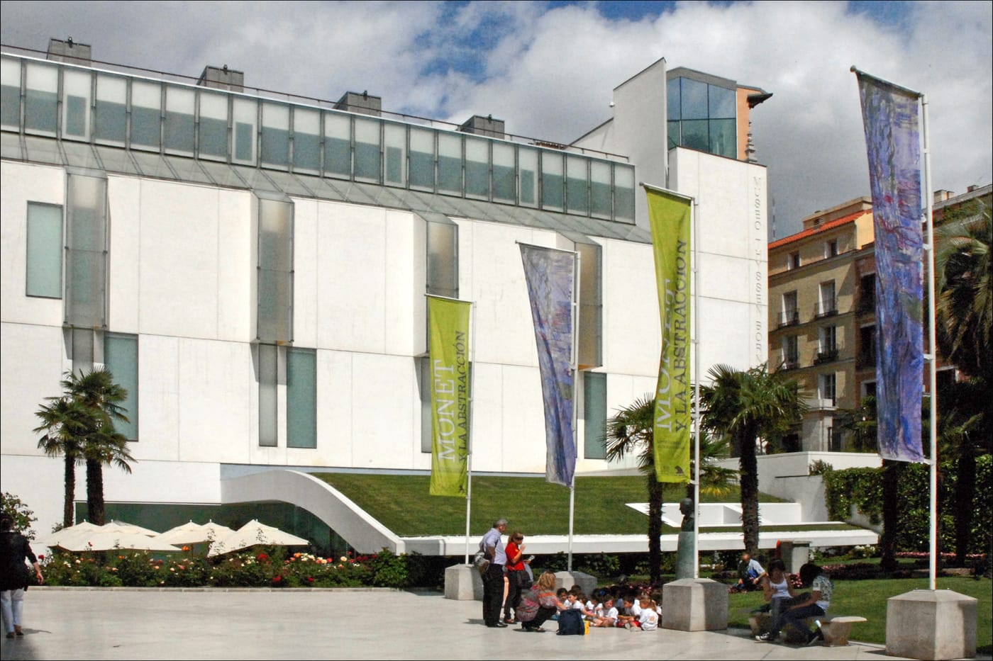 The modern facade of the Thyssen-Bornemisza Museum in Madrid