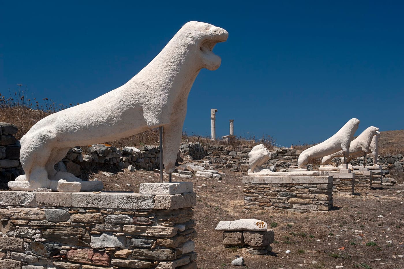 The marble Terrace of the Lions on the ancient island of Delos near Mykonos