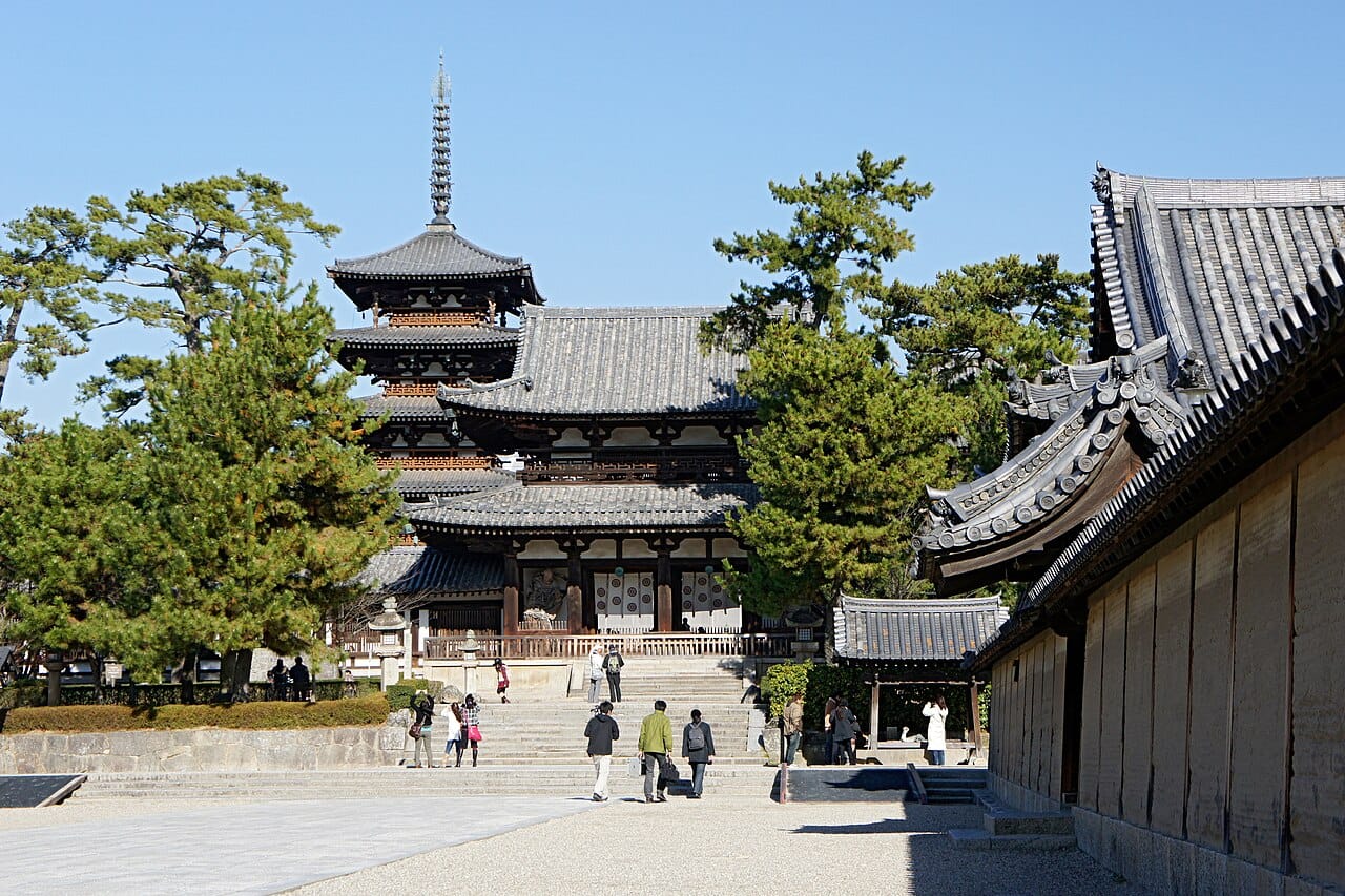The pagoda and hall of Horyu-ji near Nara