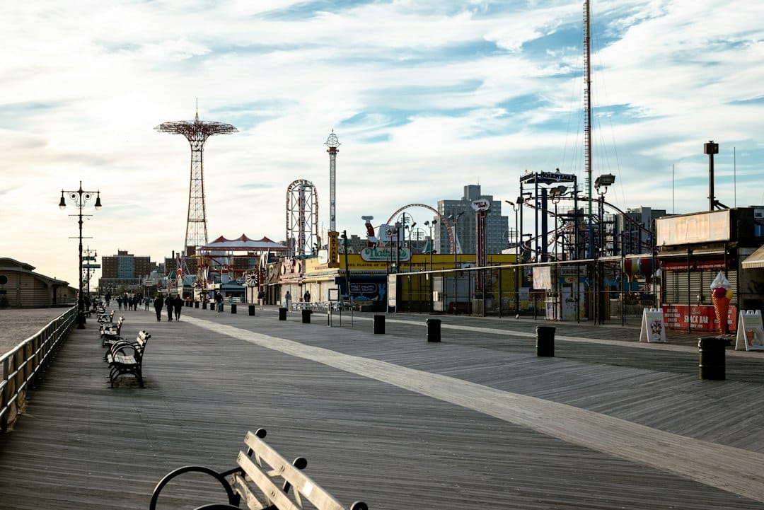 The boardwalk and amusement rides of Coney Island in New York