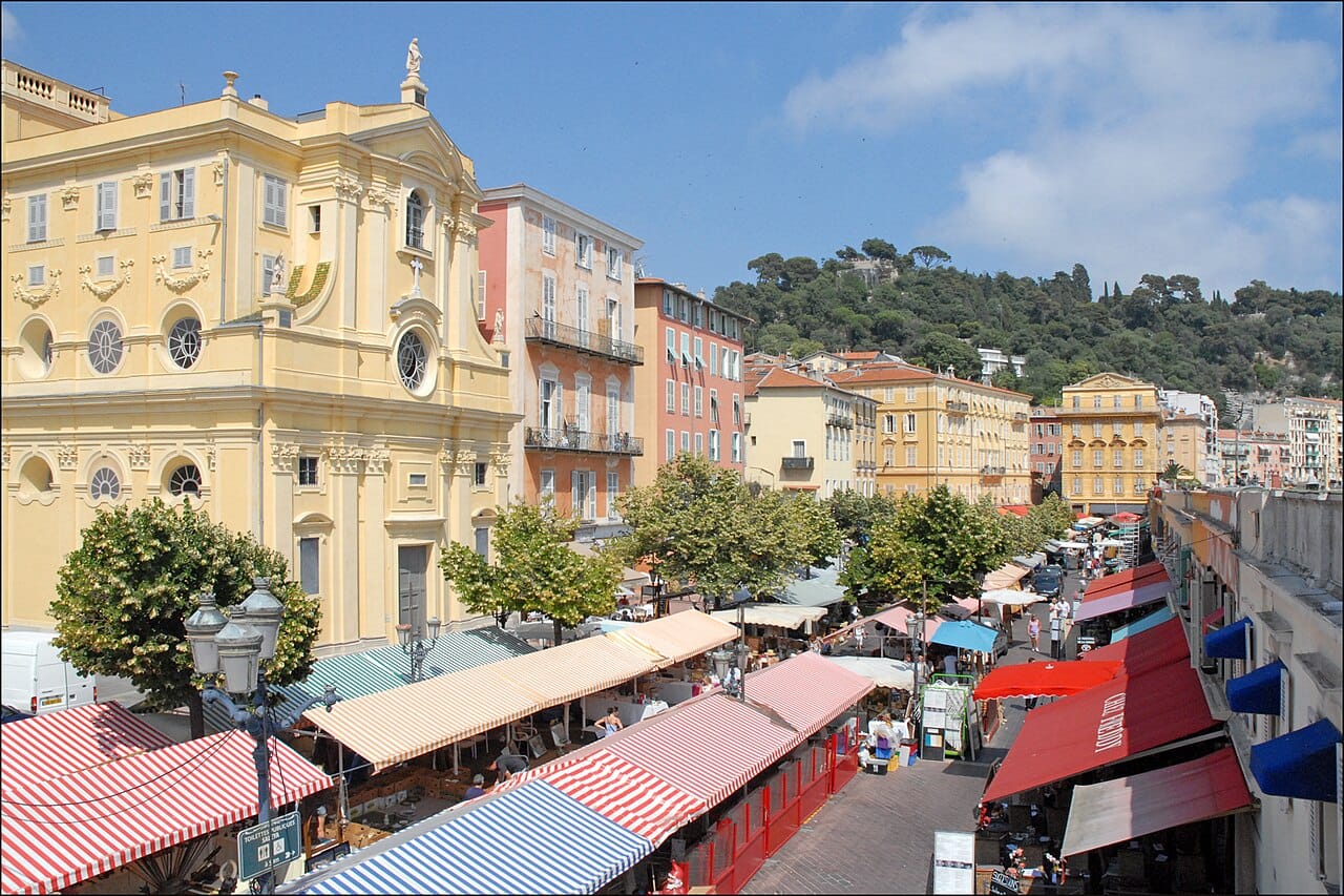 Flower and produce stalls at the Cours Saleya market, Nice