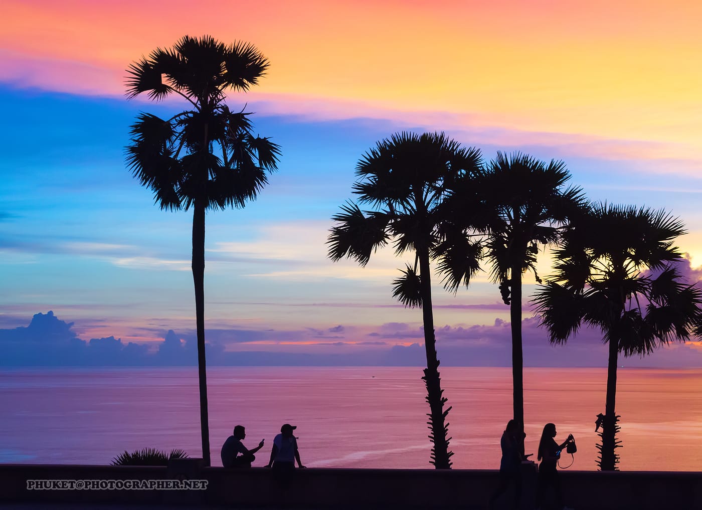 Palm silhouettes at sunset over the sea at Promthep Cape, Phuket