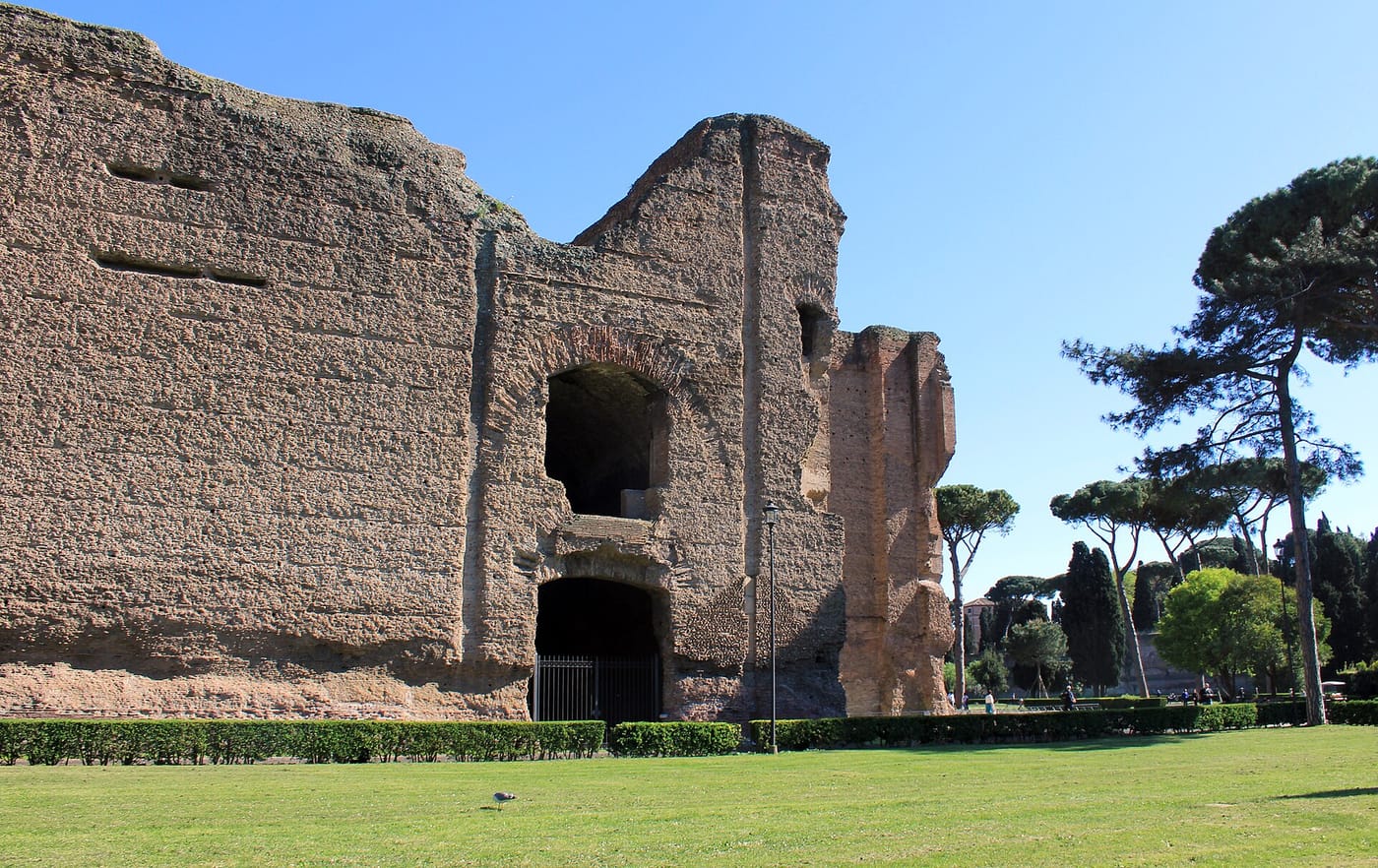 The towering brick ruins of the Baths of Caracalla in Rome