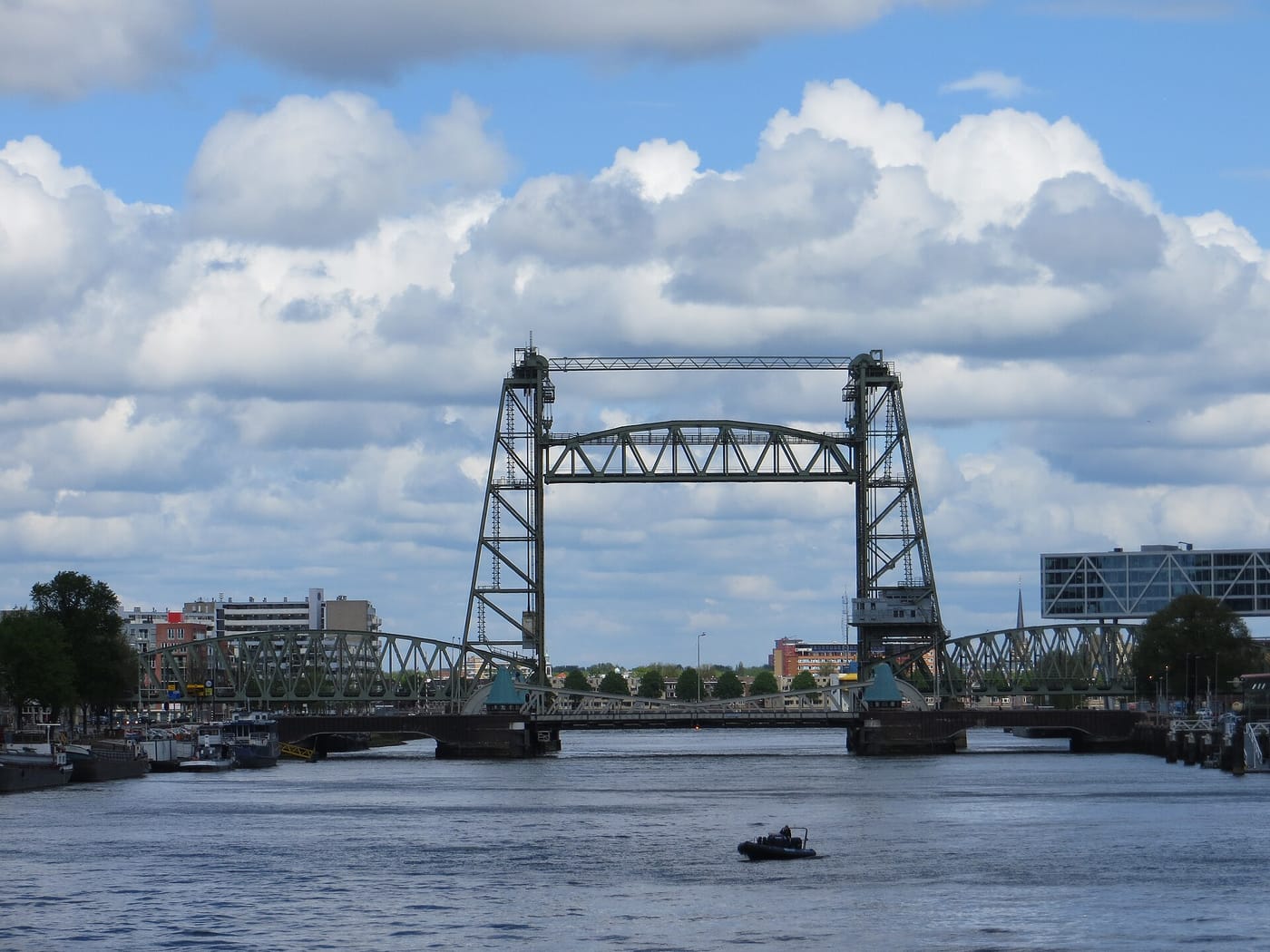 The steel towers of the De Hef railway lift-bridge in Rotterdam