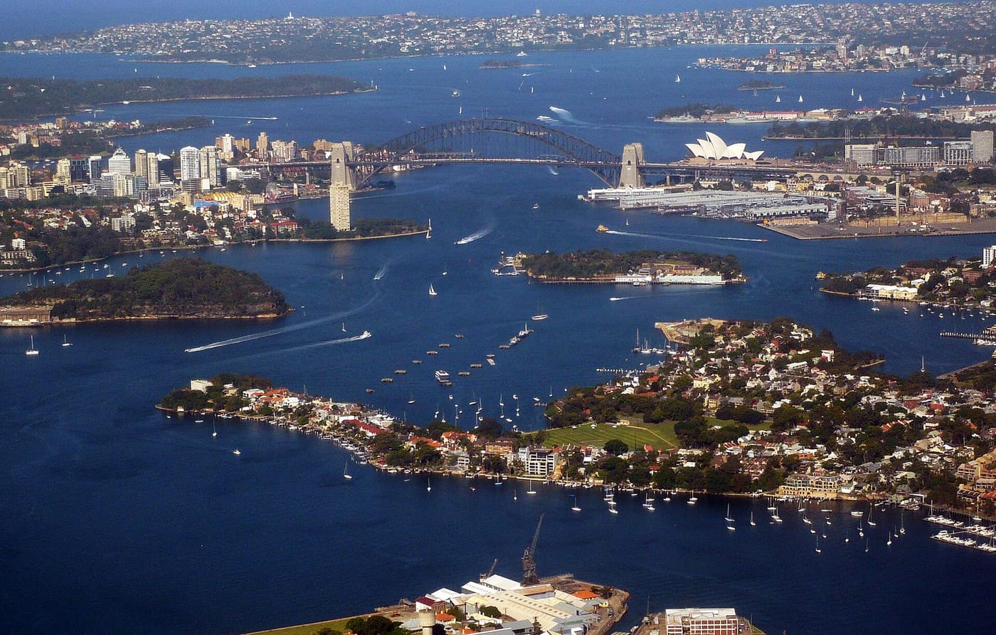 An aerial view of Cockatoo Island in Sydney Harbour