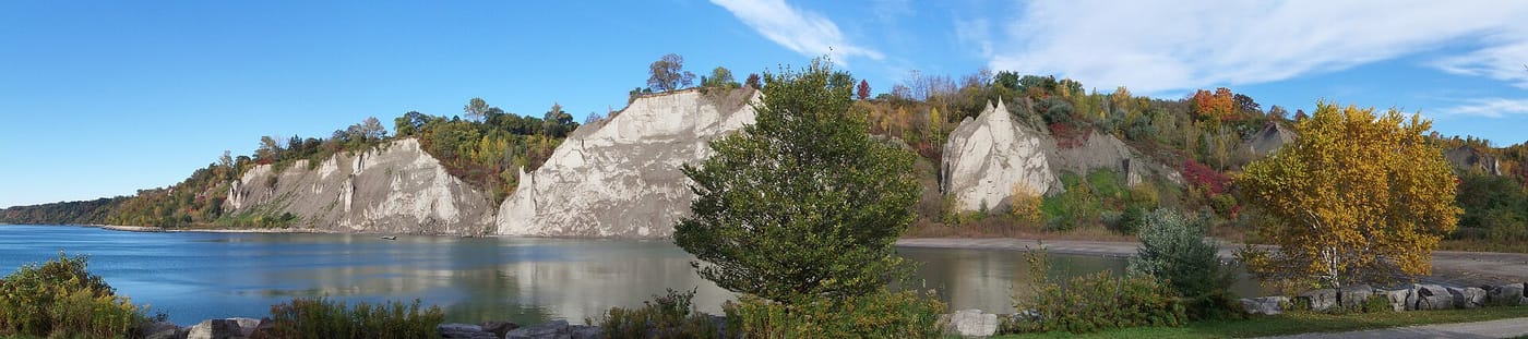 The white cliffs of the Scarborough Bluffs above Lake Ontario in Toronto