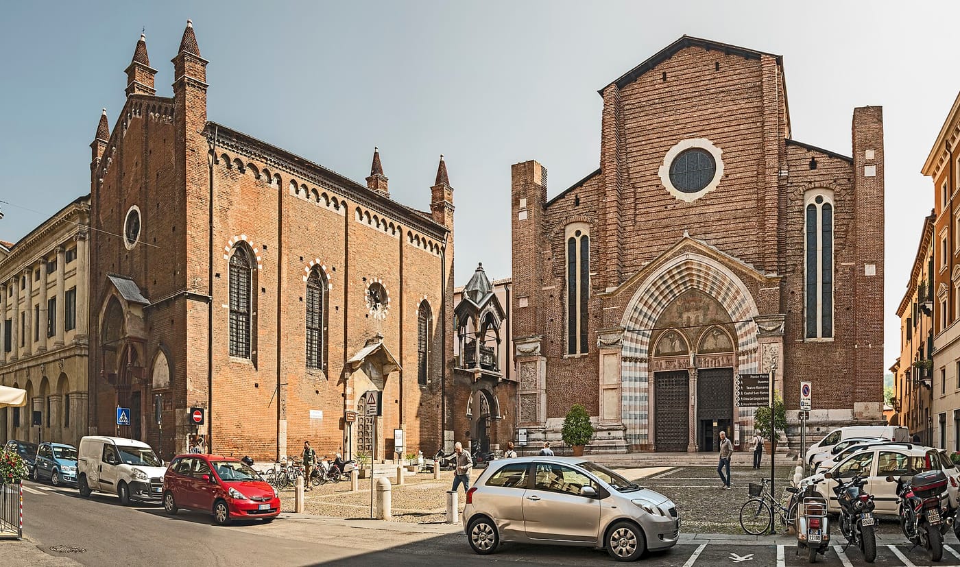 The brick Gothic facade of the Basilica di Sant'Anastasia in Verona